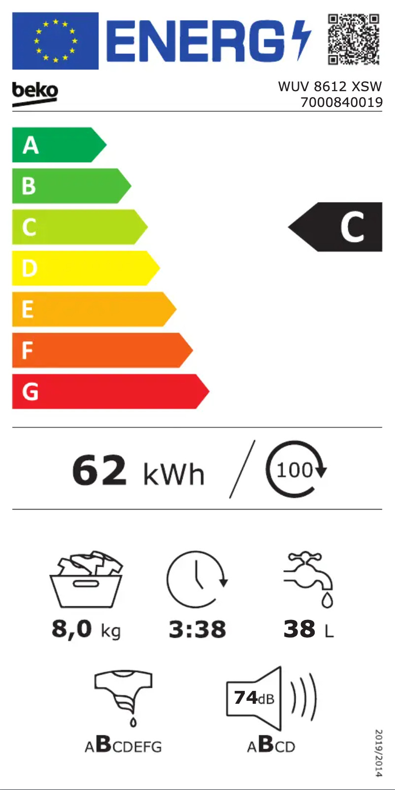 Page 1 de la notice Label énergétique Beko WUV 8612 XSW