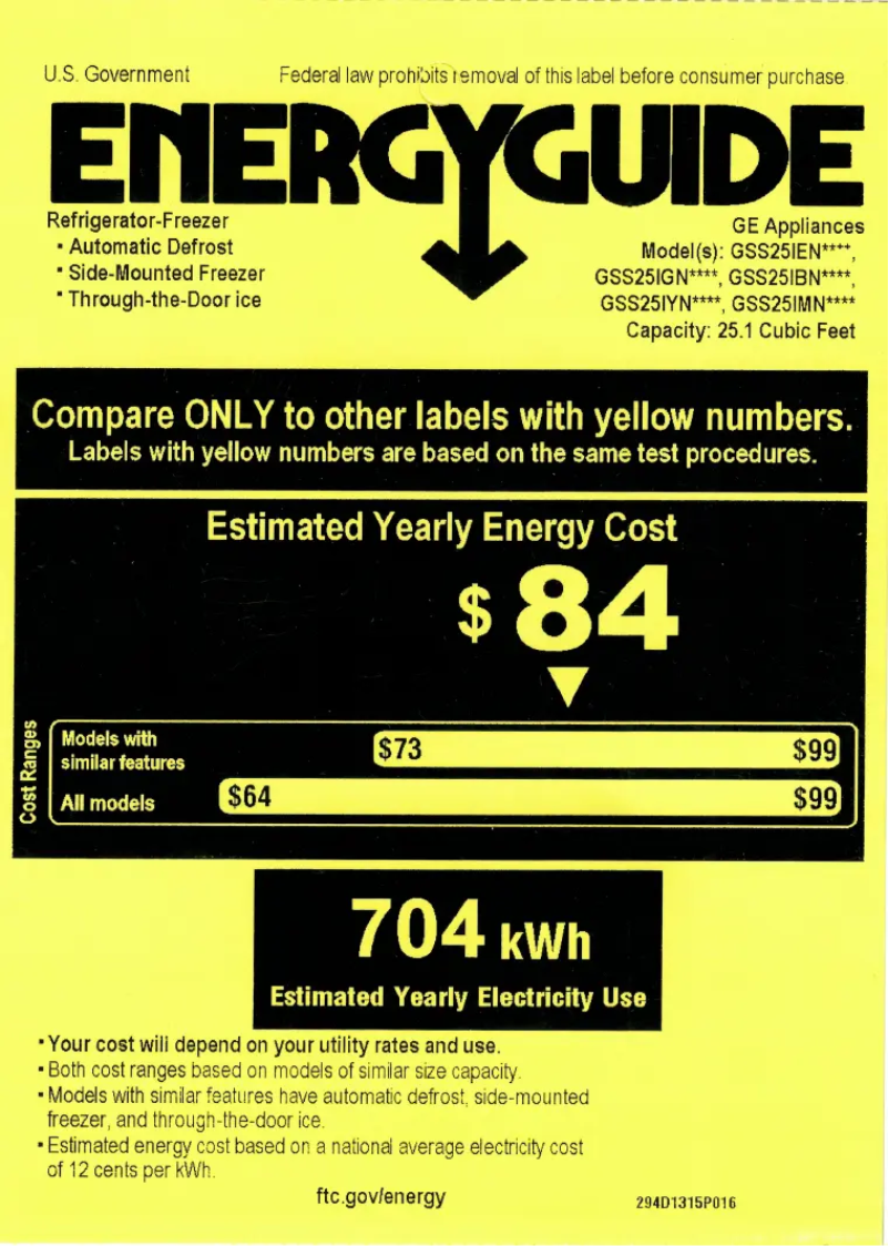 Page 1 de la notice Label énergétique GE GSS25IGNWW