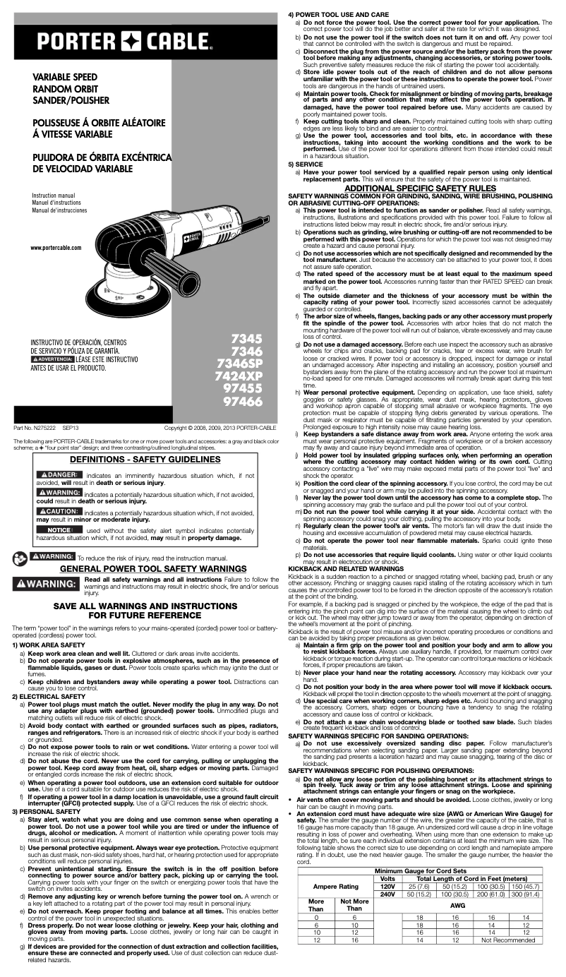 Page n°1 - Manuel utilisateur Porter-Cable 97466