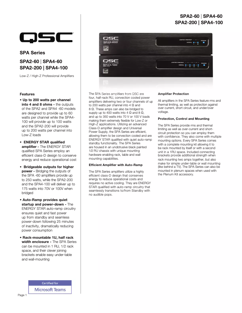 Page 1 de la notice Fiche technique QSC SPA2-200