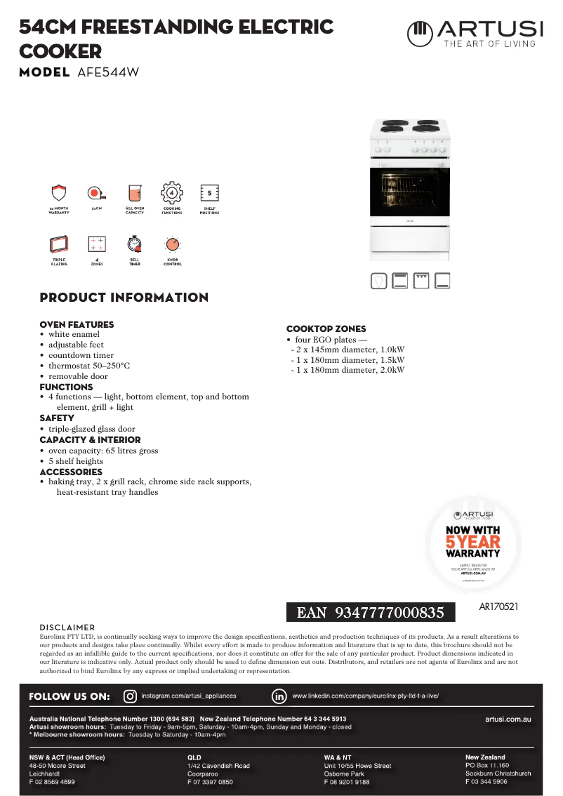Page 1 de la notice Fiche technique Artusi AFE544W