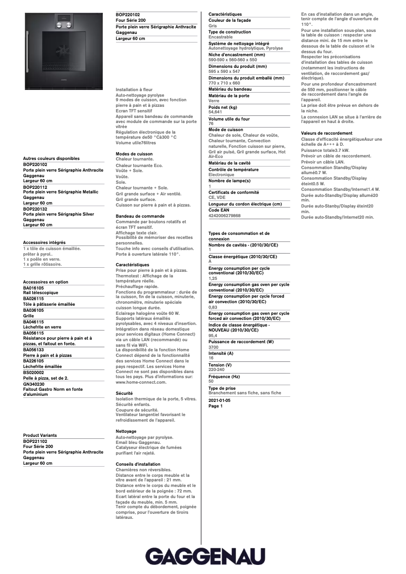 Page 1 de la notice Fiche technique Gaggenau BOP220102