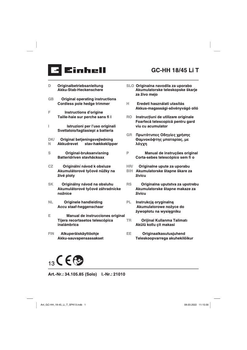 Page n°1 - Manuel utilisateur Einhell GC-HH 18/45 Li T