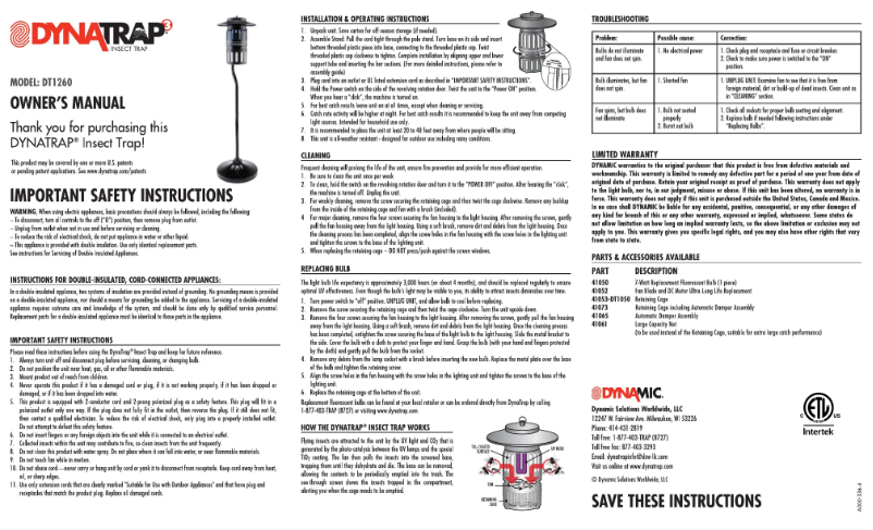 Page 1 de la notice Manuel utilisateur Dynatrap DT1260