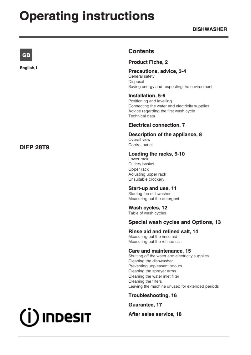 Page 1 de la notice Mode d'emploi Indesit DIFP 28T9 A UK