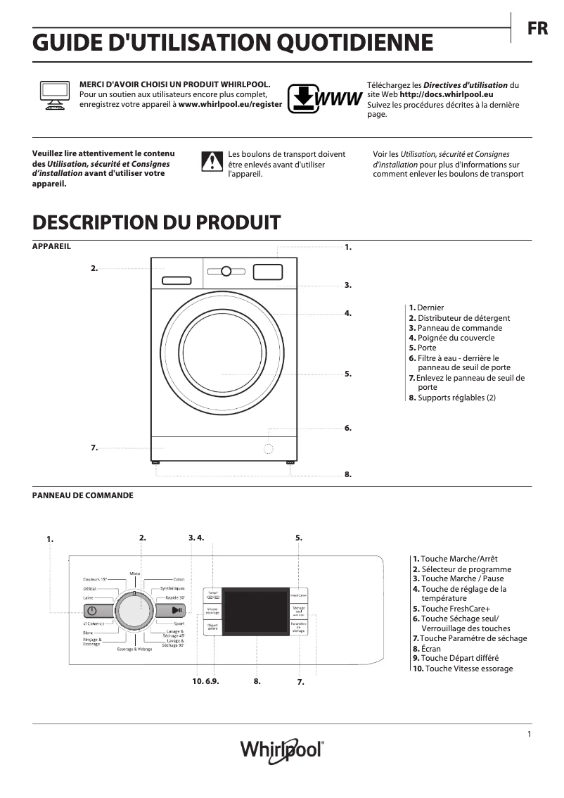 Page n°1 - Manuel utilisateur Whirlpool FWDG97168BXFR