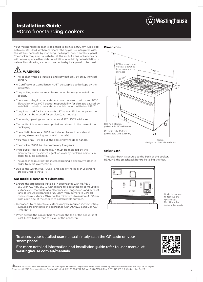 Page 1 de la notice Guide d'installation Westinghouse WFEP9717DD