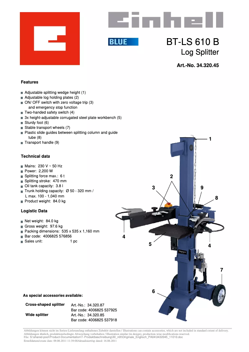 Page 1 de la notice Fiche technique Einhell BT-LS 610 B