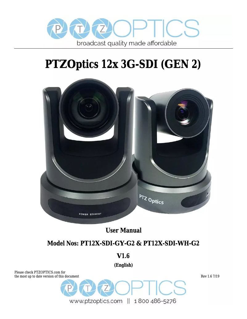 Page 1 de la notice Manuel utilisateur PTZ Optics 12X 3G-SDI