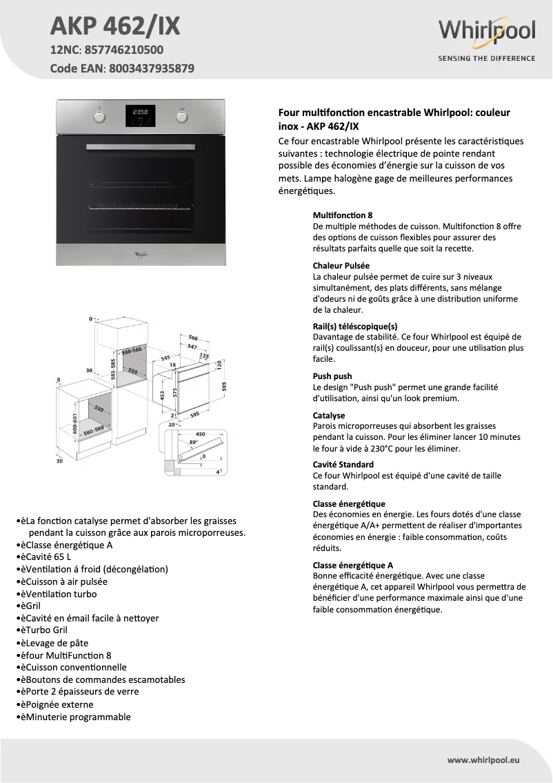 Page 1 de la notice Fiche technique Whirlpool AKP 462/IX