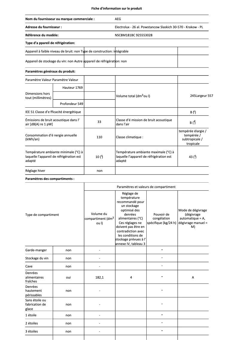 Page n°1 - Fiche technique AEG NSC8M181BC