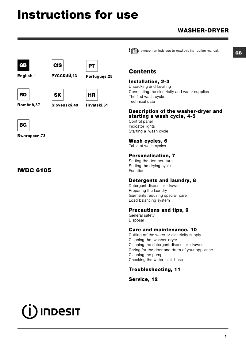 Page 1 de la notice Manuel utilisateur Indesit IWDC 6105