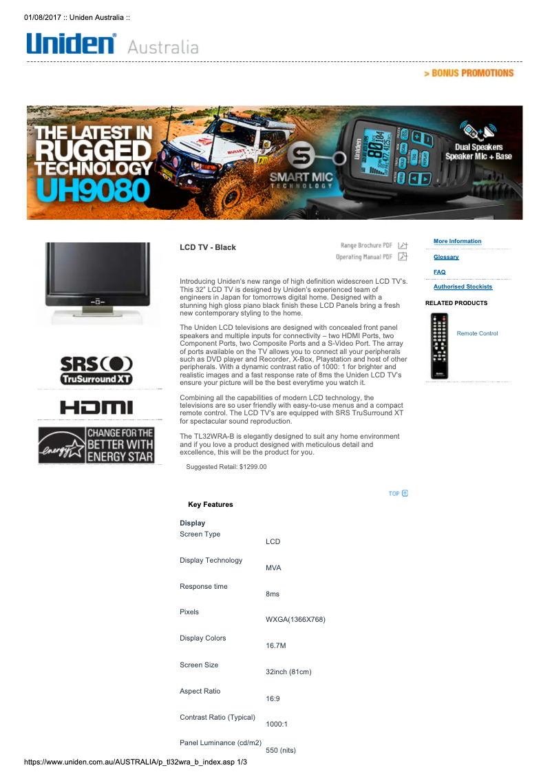 Page n°1 - Manuel utilisateur Uniden TL32WRA-B