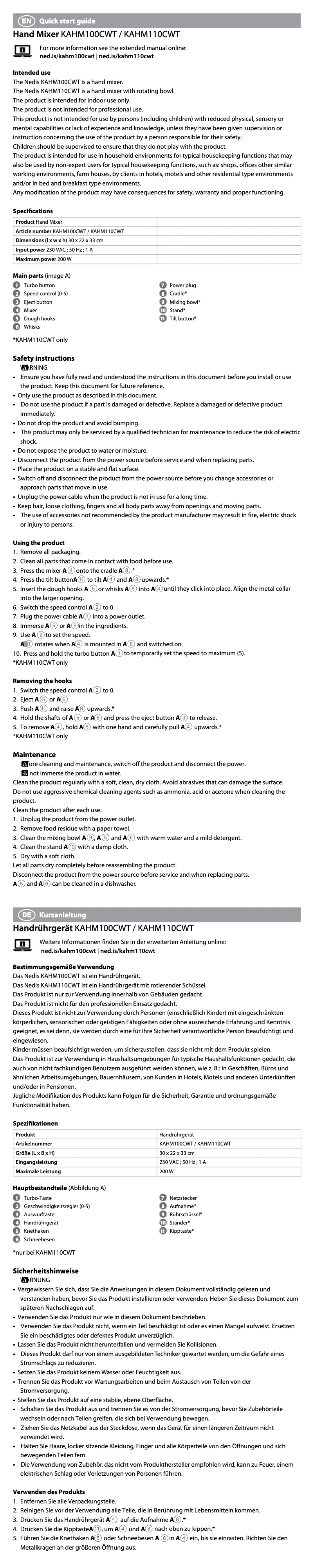 Page n°1 - Manuel utilisateur Nedis KAHM110CWT