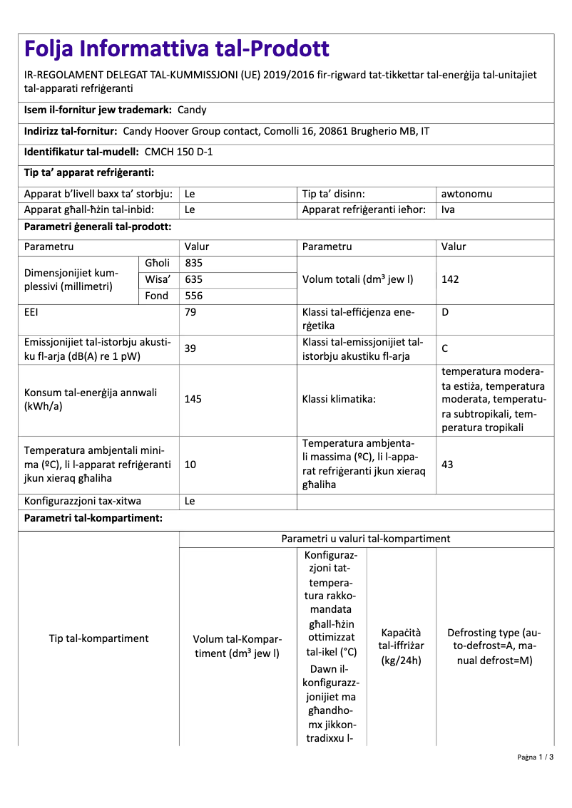 Image de la première page du manuel de l'appareil CMCH 150 D-1