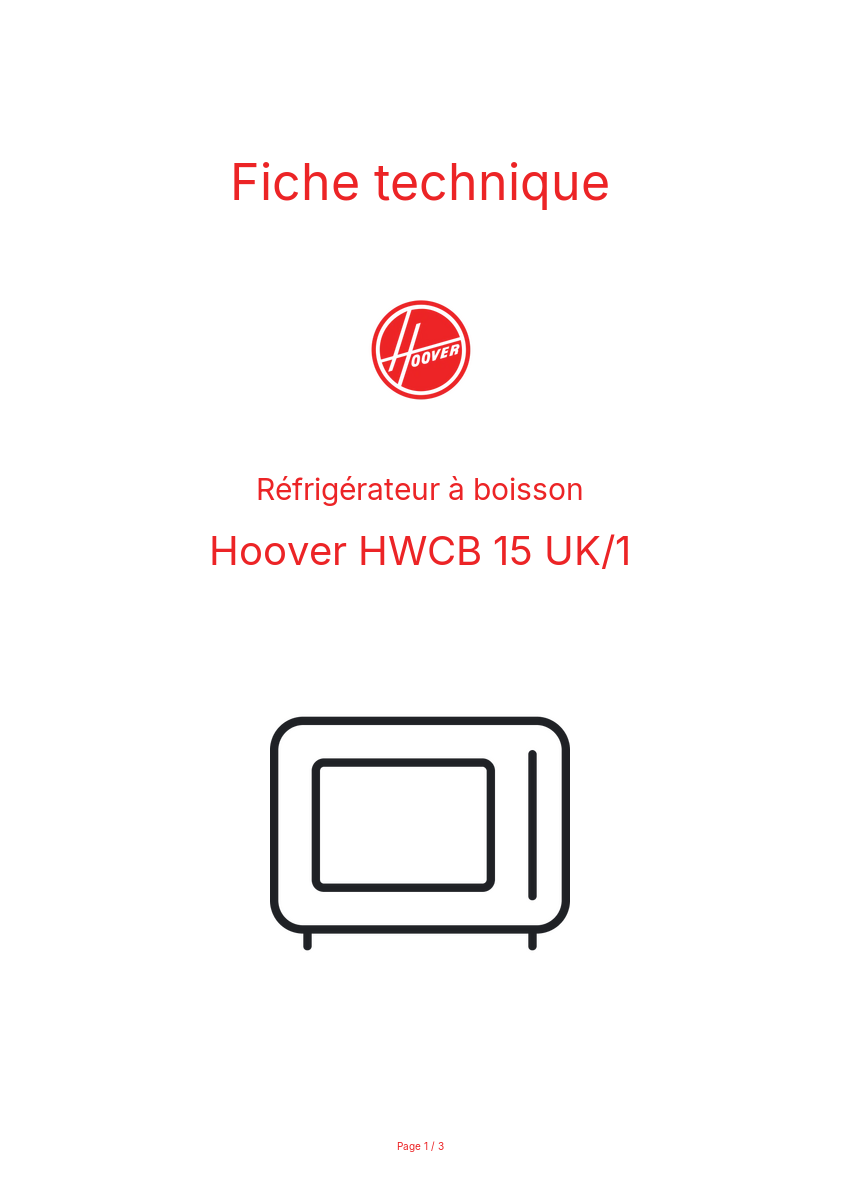 Page n°1 - Fiche technique Hoover HWCB 15 UK/1