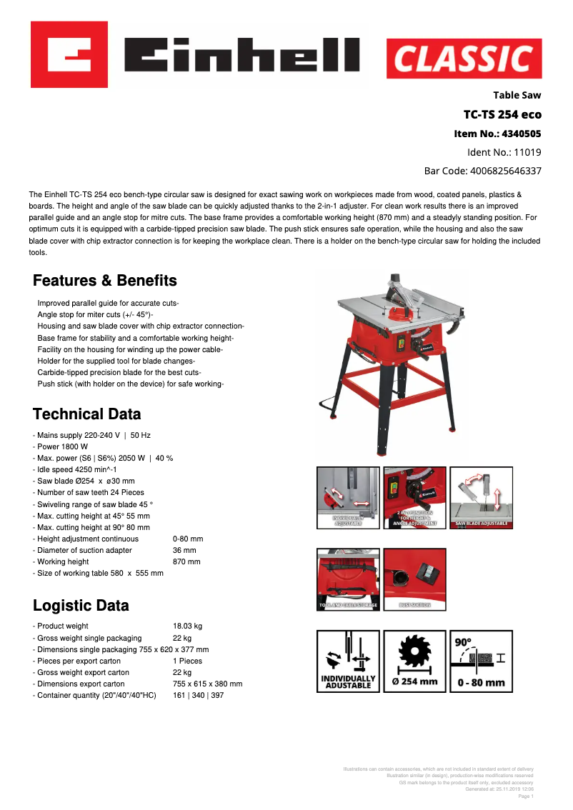 Page 1 de la notice Fiche technique Einhell TC-TS 254 eco