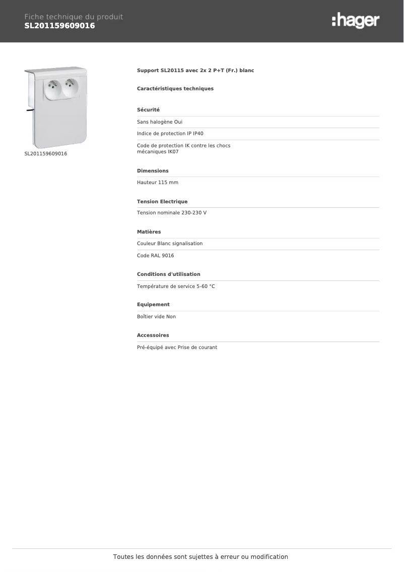 Page 1 de la notice Fiche technique Hager SL201159609016