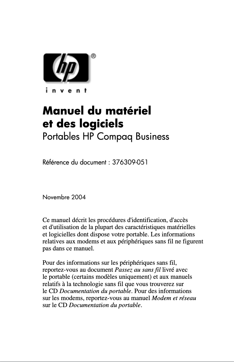Page 1 de la notice Manuel utilisateur HP Compaq nx9600