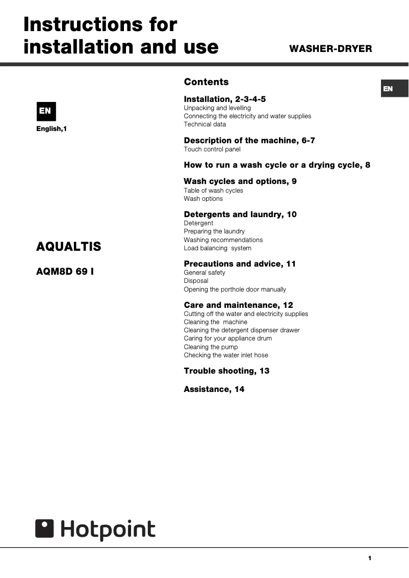 Page 1 de la notice Manuel utilisateur Hotpoint AQM8D 69 I V