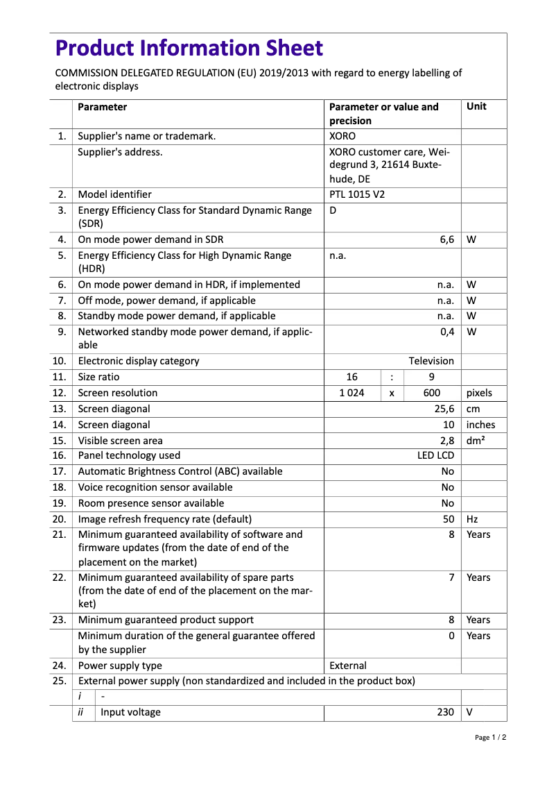 Page 1 de la notice Fiche technique Xoro PTL 1015 V2