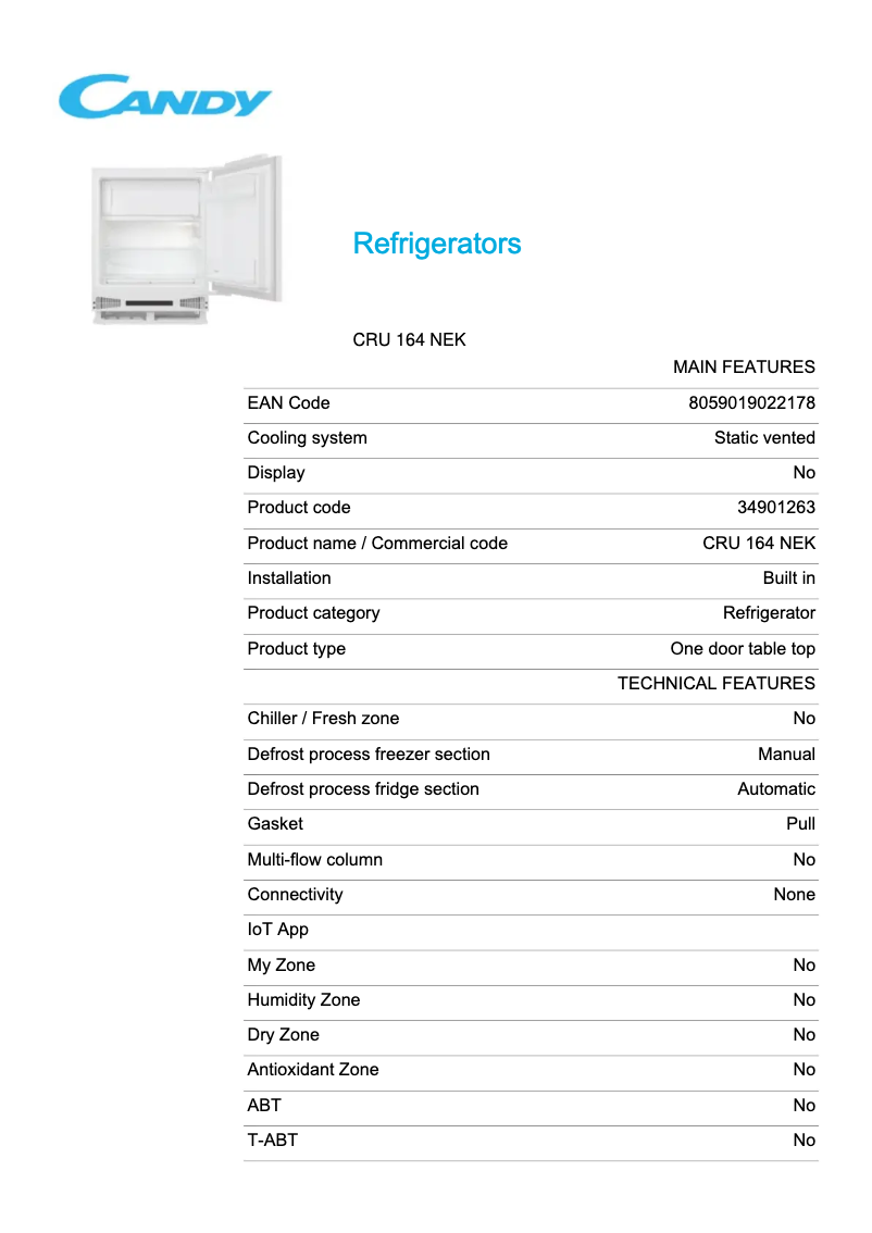 Page 1 de la notice Fiche technique Candy CRU 164 NEK