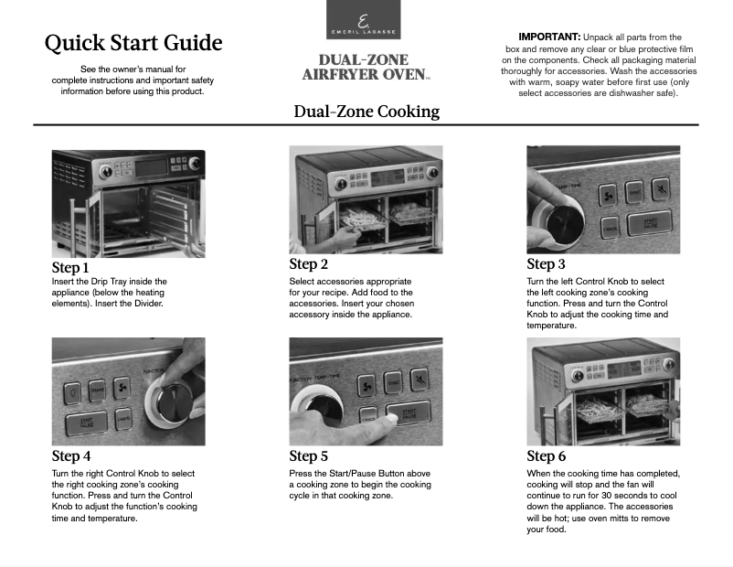 Page 1 de la notice Guide de démarrage rapide Emeril Lagasse Dual-Zone AirFryer Oven DZEL24-01