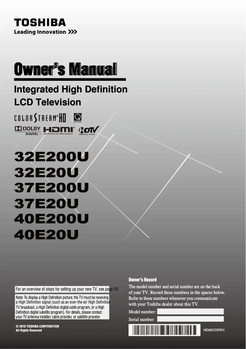 Page 1 de la notice Manuel utilisateur Toshiba Regza 32E200U
