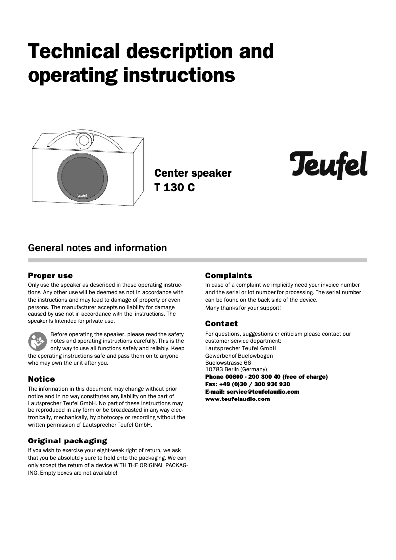 Page n°1 - Manuel utilisateur Teufel T 130 C