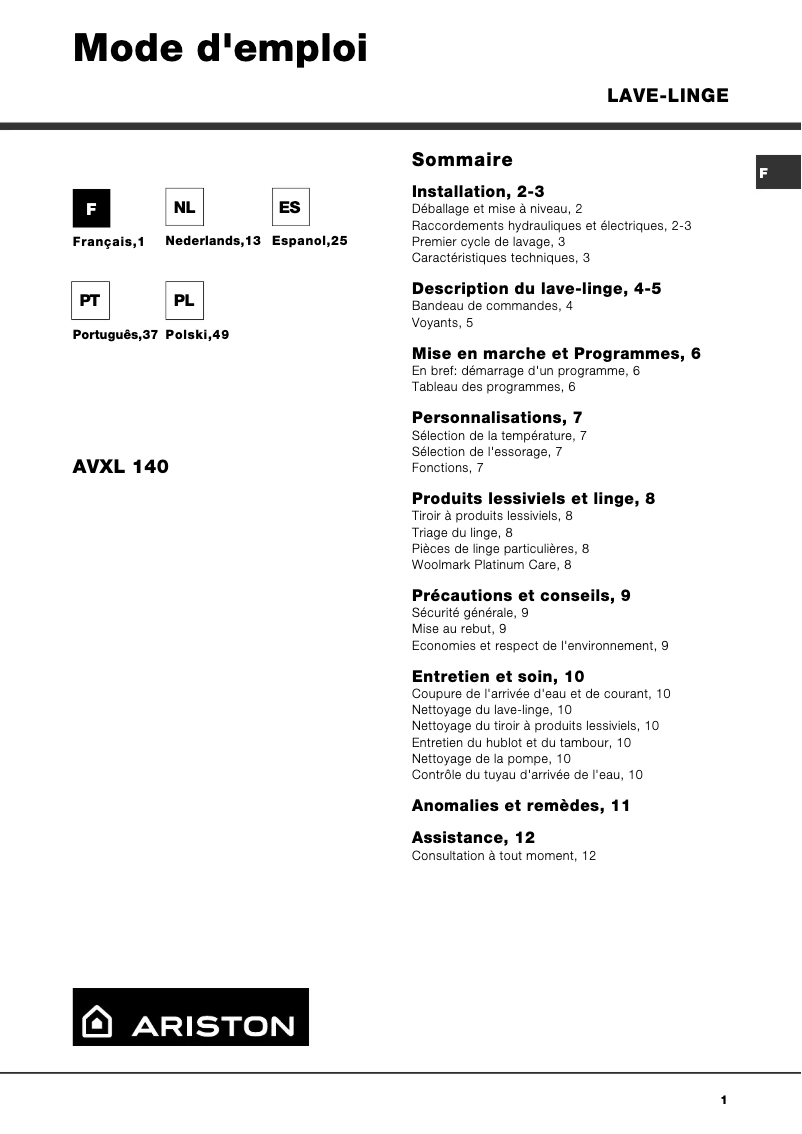 Page n°1 - Manuel utilisateur Hotpoint Ariston AVXL 140 EU