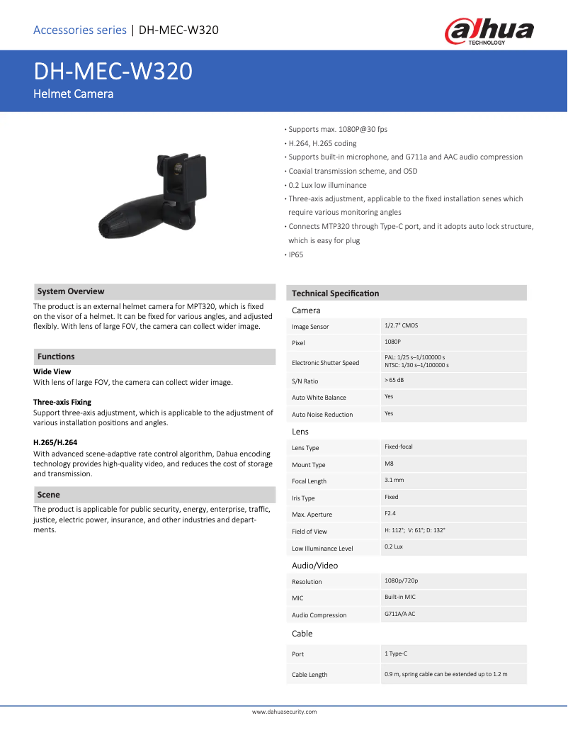 Page 1 de la notice Fiche technique Dahua Technology MEC-W320