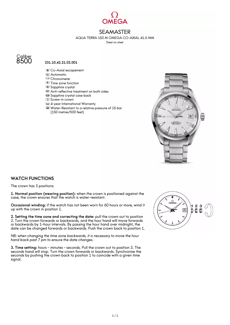 Image de la première page du manuel de l'appareil Seamaster Aqua Terra 150 M