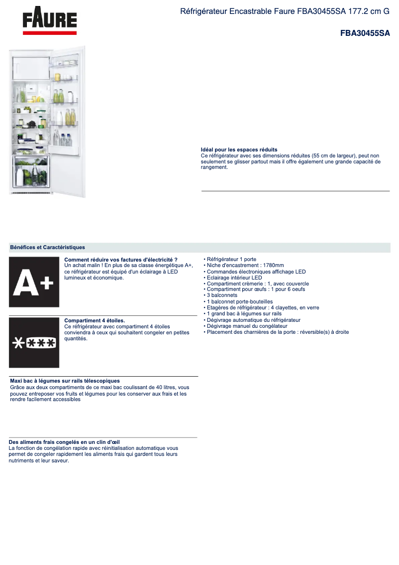 Page 1 de la notice Fiche technique Faure FBA30455SA