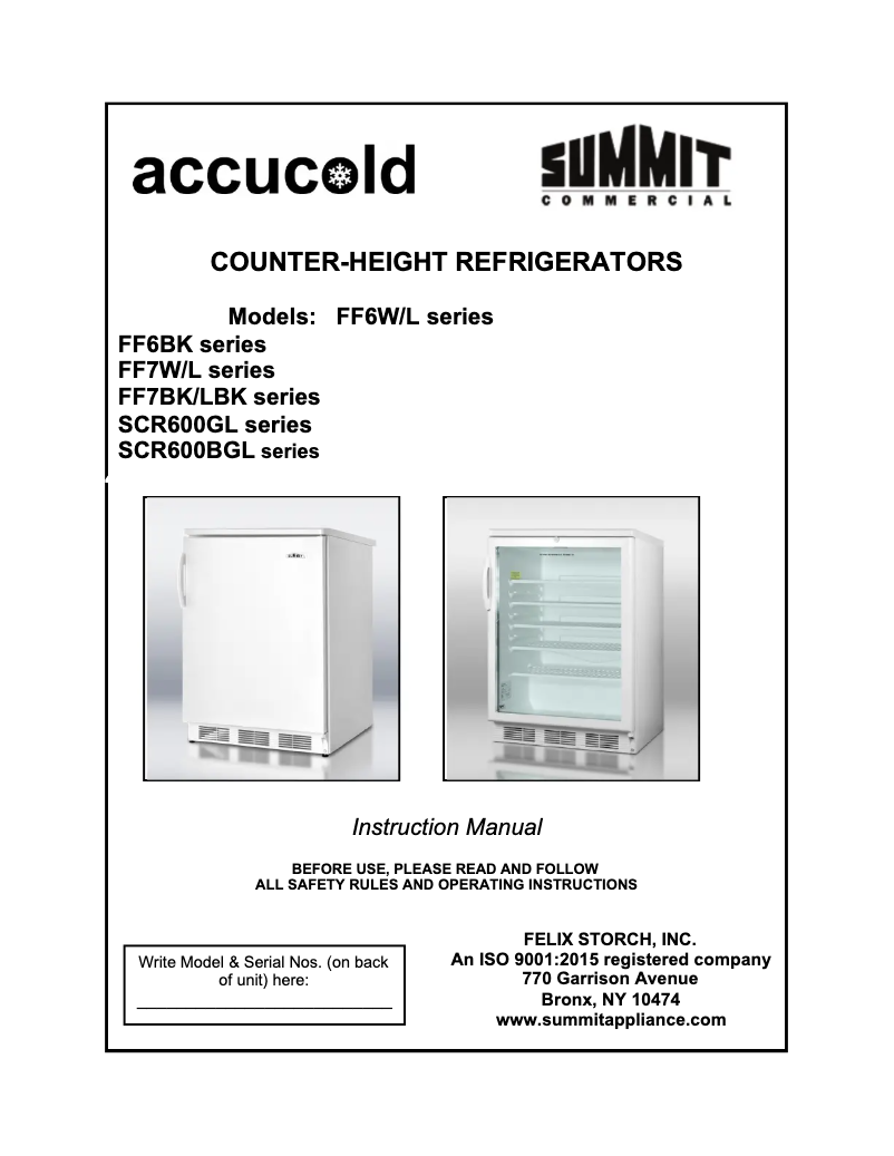 Page 1 de la notice Manuel d'utilisation et d'entretien Accucold FF6LW