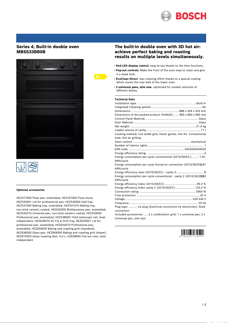Page 1 de la notice Fiche technique Bosch MBS533BB0B