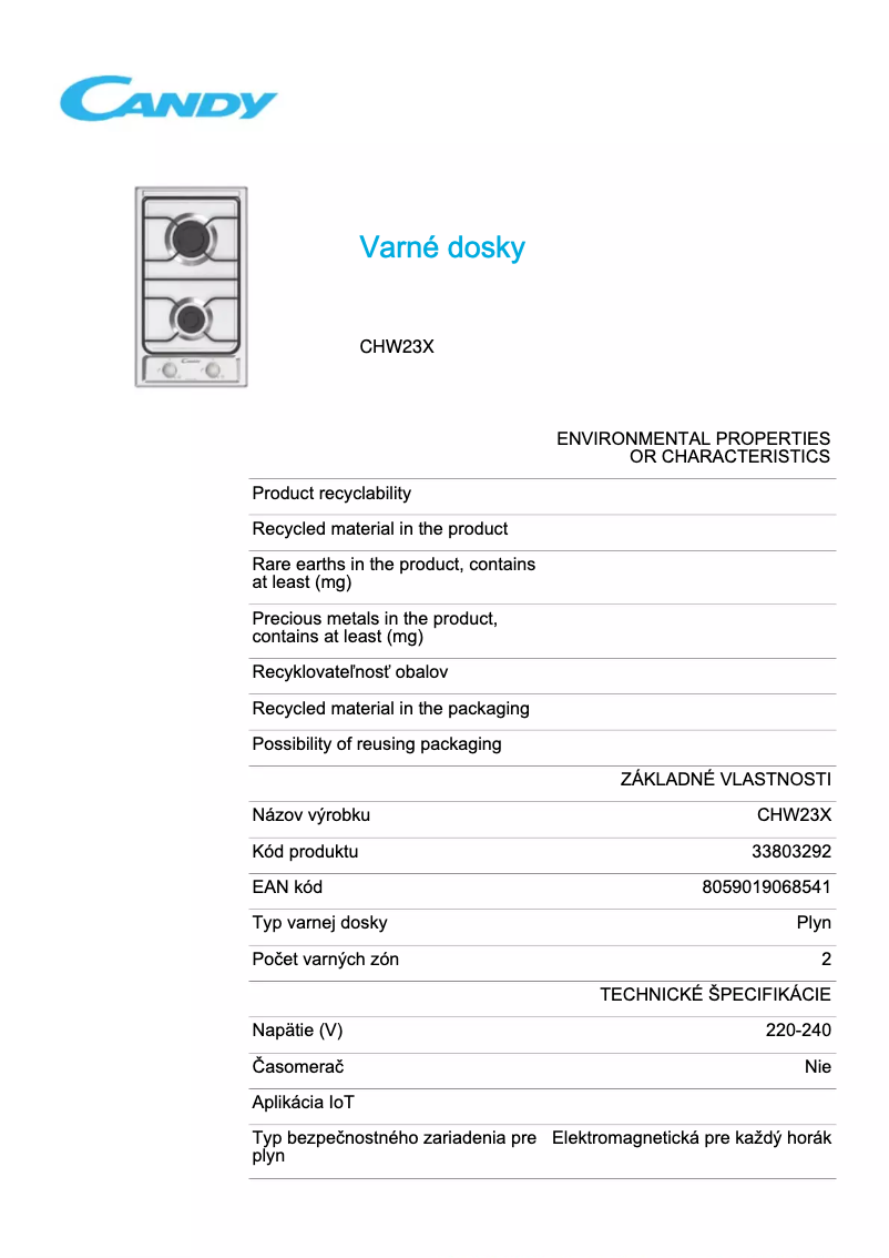 Page 1 de la notice Fiche technique Candy CHW23X