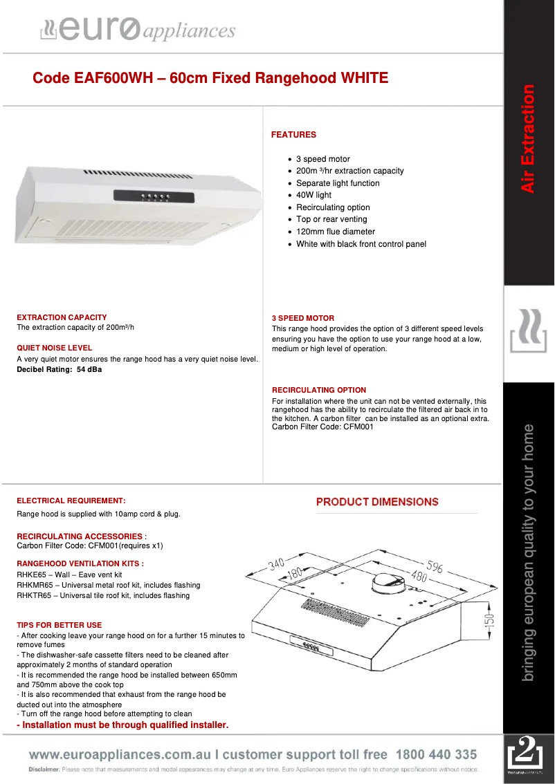 Page n°1 - Fiche technique Euro Appliances EAF600WH