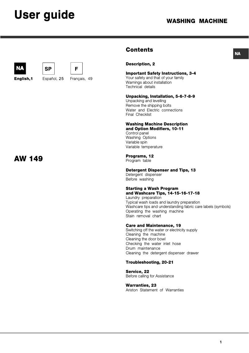Page 1 de la notice Manuel utilisateur Ariston Thermo AW149