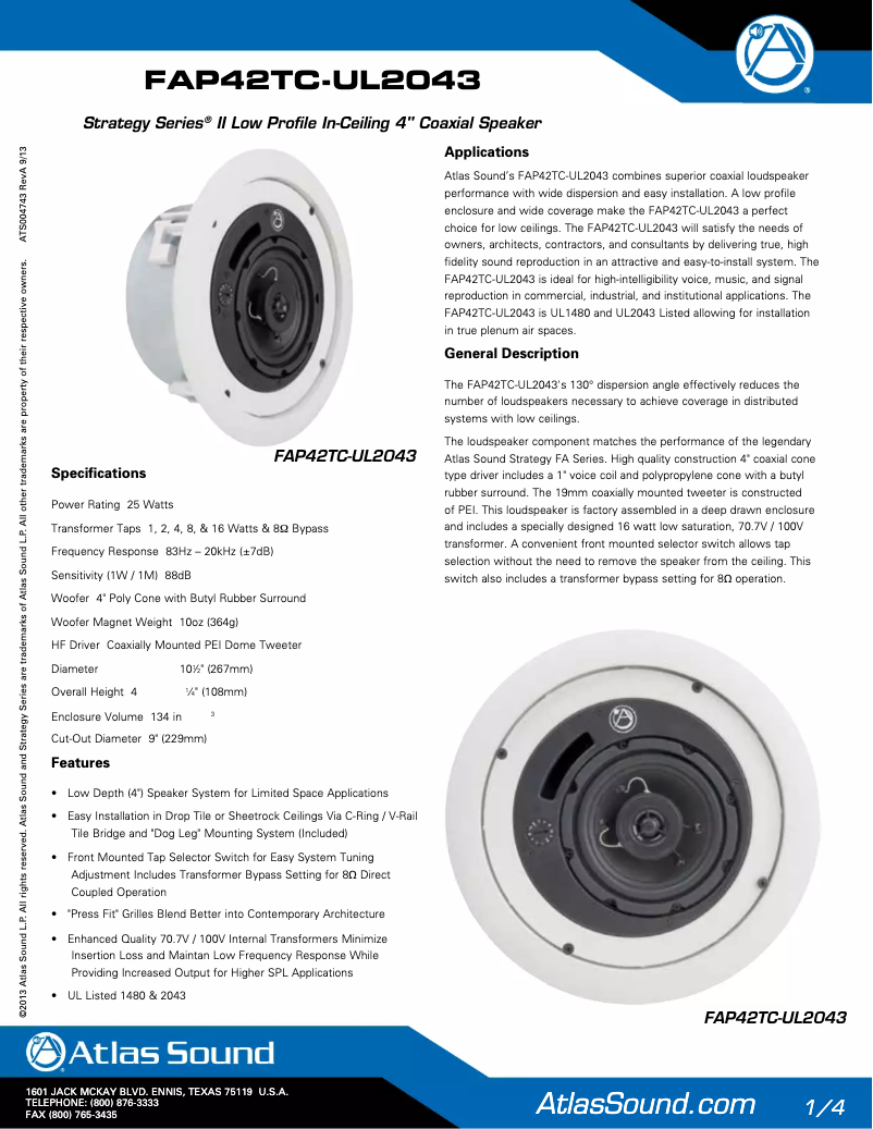 Page 1 de la notice Brochure Atlas Sound FAP42TC-UL2043