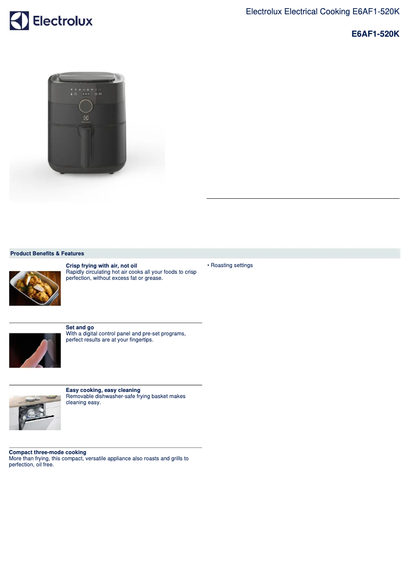 Page n°1 - Fiche technique Electrolux Air Fryer E6AF1-520K