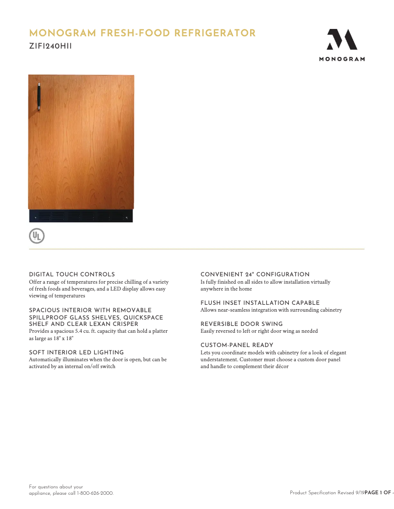 Page 1 de la notice Fiche technique Monogram ZIFI240HII