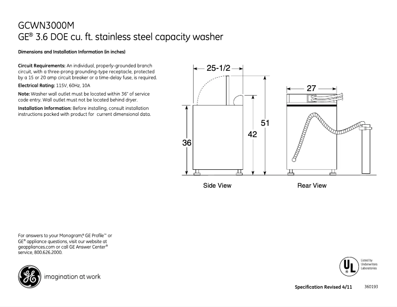 Page 1 de la notice Fiche technique GE GCWN3000MWS