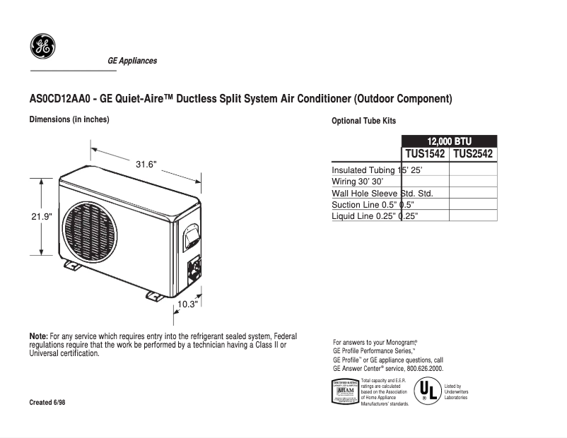 Image de la première page du manuel de l'appareil Quiet-Aire AS0CD12AA0