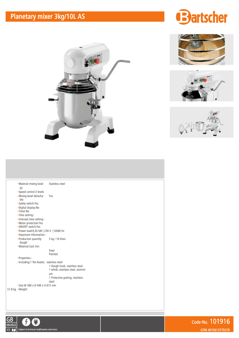 Page 1 de la notice Fiche technique Bartscher 101916