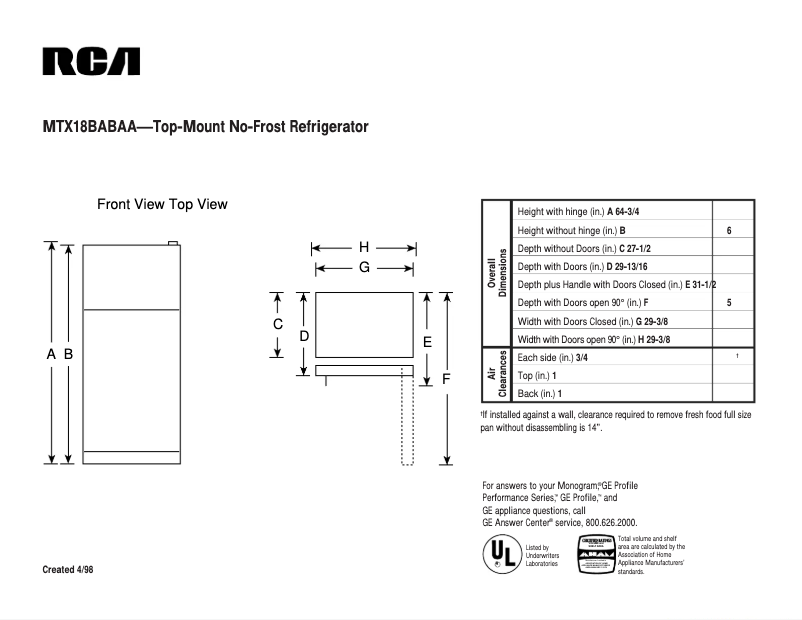 Page n°1 - Fiche technique RCA MTX18BABAA