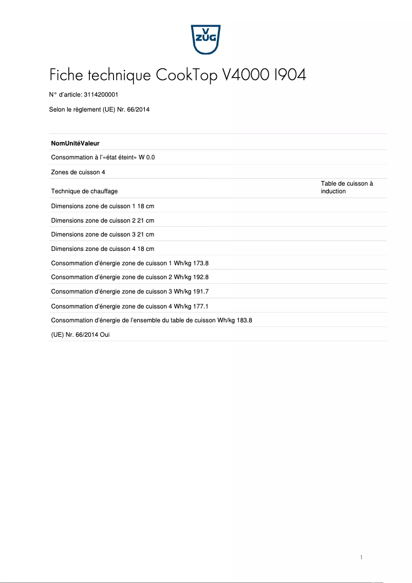 Page 1 de la notice Fiche technique V-Zug CookTop V4000 I904