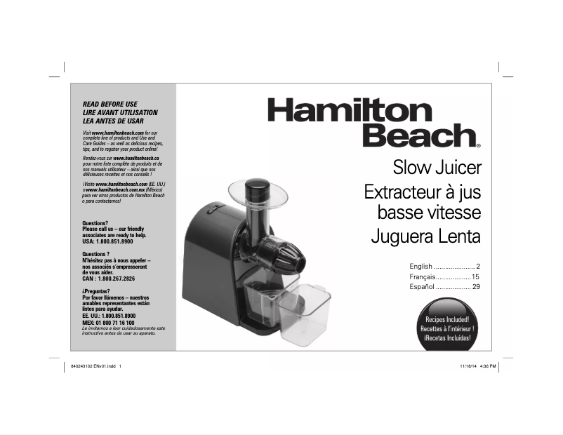 Page 1 de la notice Manuel utilisateur Hamilton Beach Masticating 67951