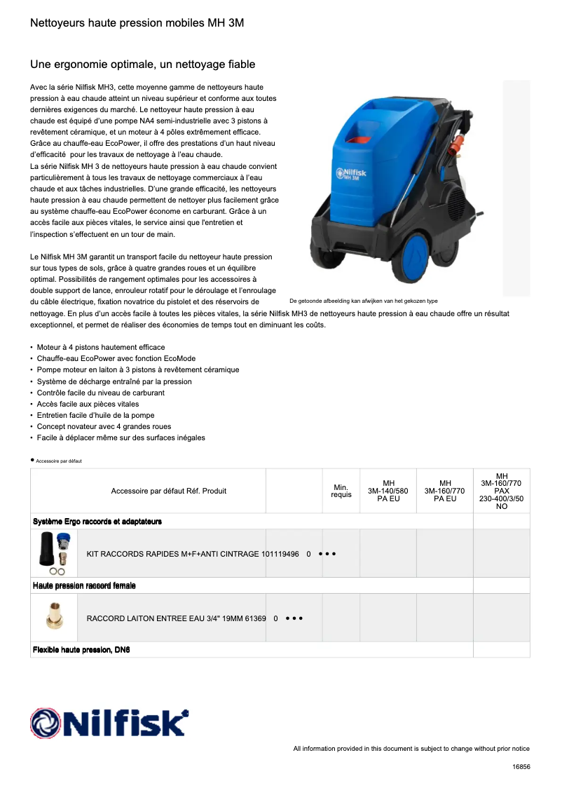 Page 1 de la notice Fiche technique Nilfisk MH 3
