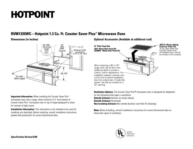 Page 1 de la notice Fiche technique Hotpoint CounterSaver Plus RVM1335WC
