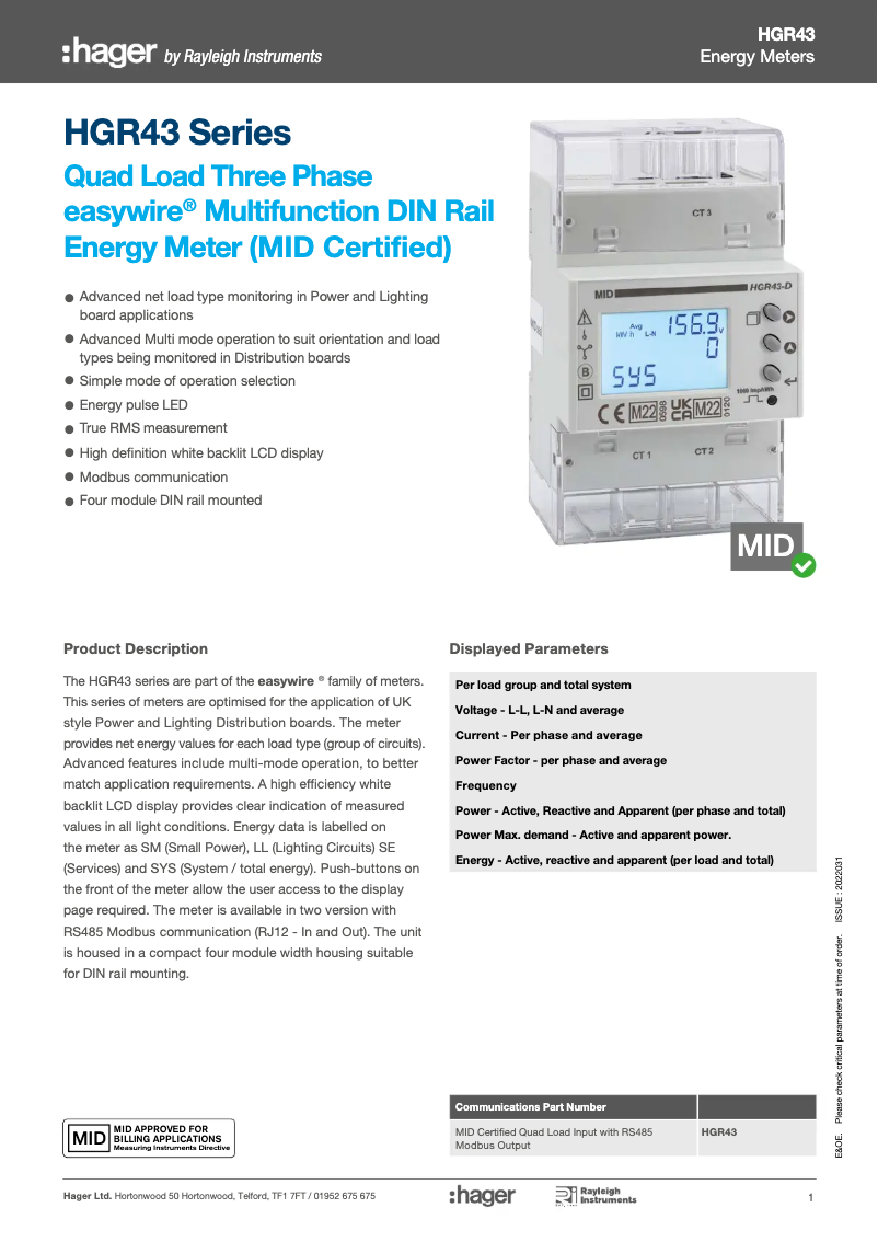 Page 1 de la notice Fiche technique Hager JKD1164TM